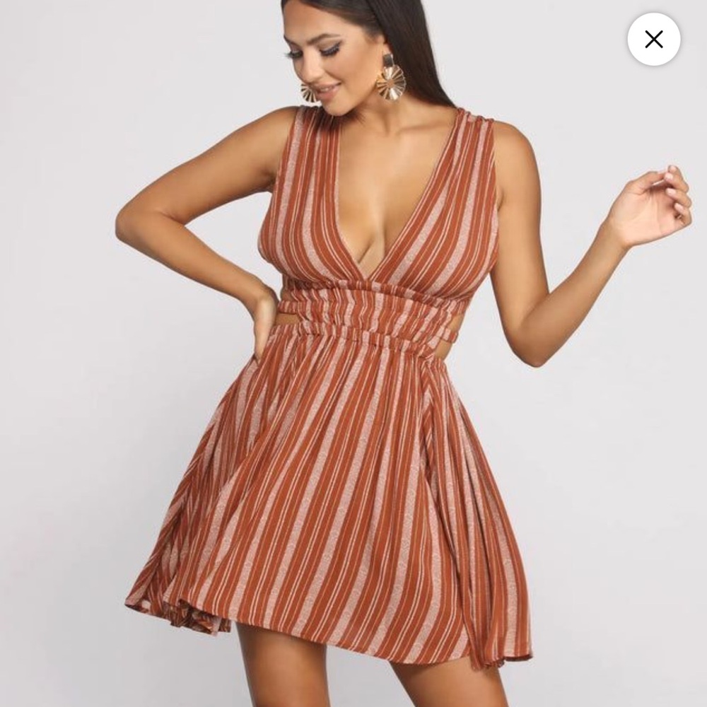 (5/$20) Lovely Day Rust and Ivory Striped Backless V-Neck Dress